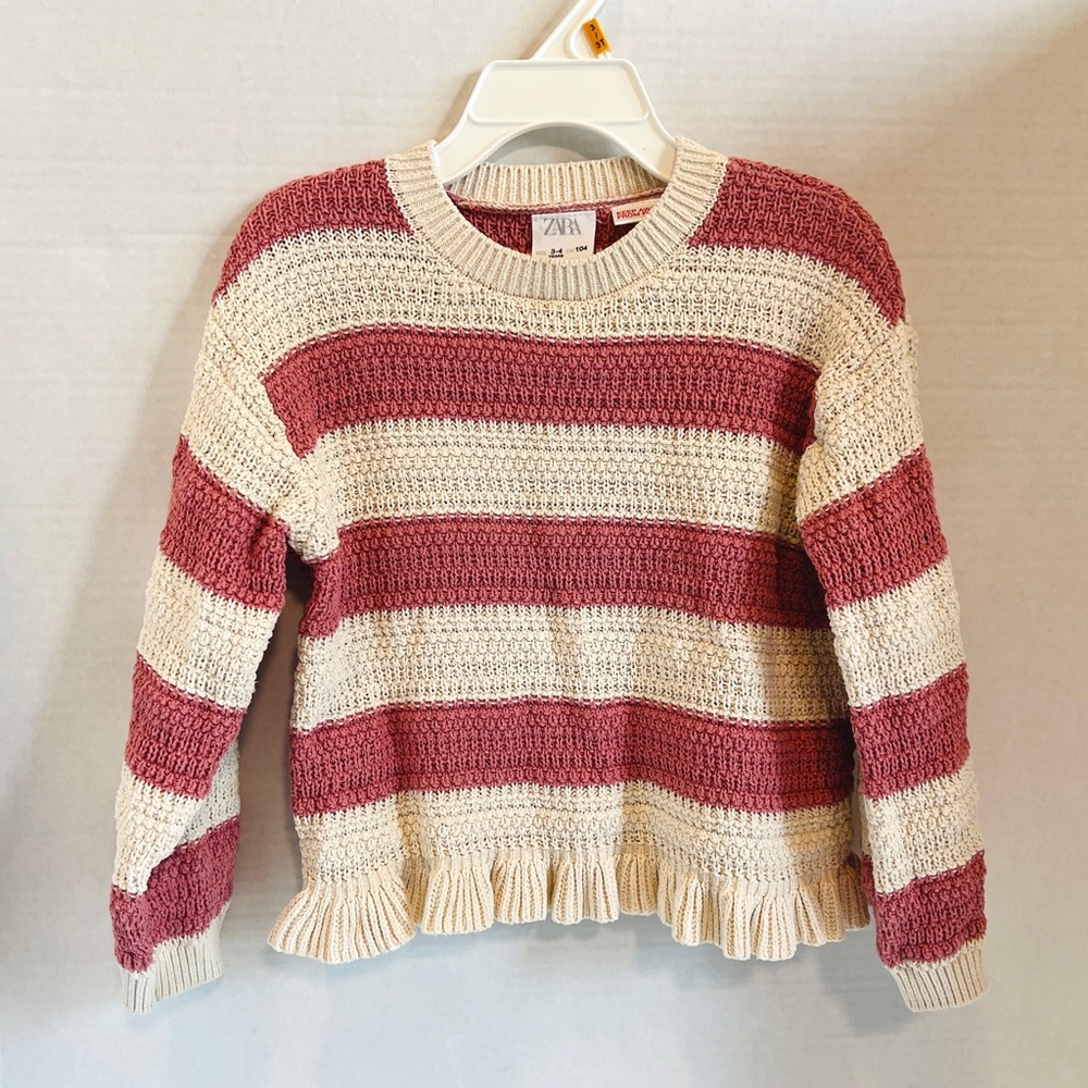 Zara Cozy Striped Crew Neck Sweater in Cream and Mauve 3-4Y